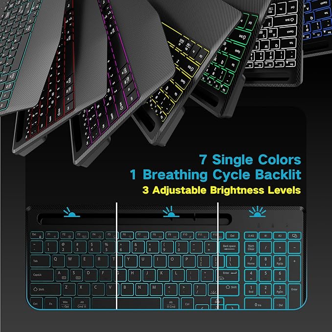 Hamile 2.4G&Bluetooth Wireless Keyboard - Light Up Keyboards with Wrist Rest - 8 Backlit Effects - Slim Rechargeable Silent with Holder for Windows, Mac, Rose Pink