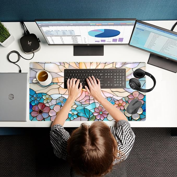 Stained Glass Desk Mat Large Mouse Pad Extended Desk Pad, Gaming Computer Mouse Mat XXL, Big Desktop Keyboard Mat, Full Desk Laptop Pad for Home Office Work, Desk Decor Aesthetic 31.5×15.7 Inch