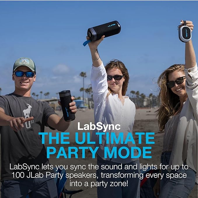 JLab JBuds Party Portable Bluetooth Speaker, 2 Full-Range Drivers + 2 Passive Woofers, IP56 Waterproof, 12 Hours Playtime, Connect Multiple Speakers, Custom Sound + RGB Lighting via App, Mulberry