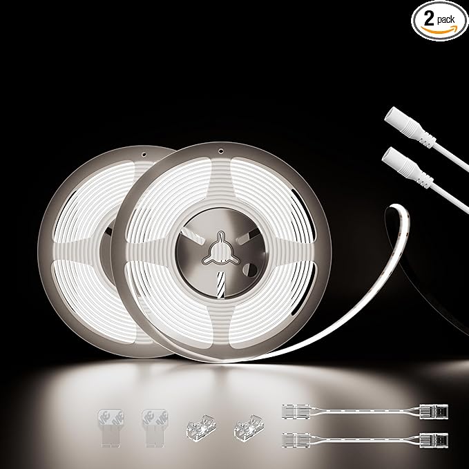 PAUTIX COB LED Strip Lights 48ft/15m Super Bright,504 LEDs/m Natural White 5000K CRI90+ Flexible LED Tape 24V for Cabinet Home DIY Lighting Projects with 2pcs COB Connector(Power Supply Not Included)