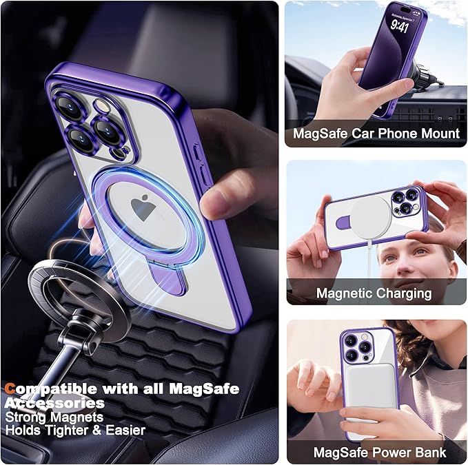 Compatible with iPhone 15 Pro Max Case with Magnetic Ring Stand [Compatible with Mag-Safe] [Full Camera Lens Protector] Plating Clear Phone Case for iPhone 15 Pro Max 6.7", Purple