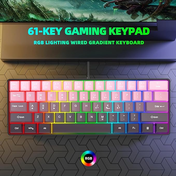 Snpurdiri 60% Wired Gaming Keyboard, 61 Keys RGB Backlit Ultra-Compact Small Gaming Keyboard, for PC/Mac Gamer, Typist, Travel, Easy to Carry on Business Trip (Pink-Black)