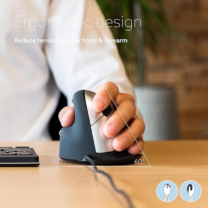 R-Go HE Vertical Ergonomic Mouse, for Left Handed, with Break Software, USB-C/A Wired, Prevents Tennis Elbow/Mouse Arm RSI, Silent Click, 5 Buttons - Compatible Windows/Mac OS, Black/Silver