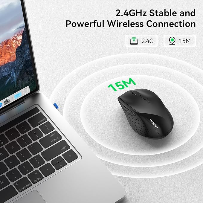 TECKNET Wireless Mouse, 2.4G USB Computer Mouse with 6-Level Adjustable 4800 DPI, 30 Months Battery, Ergonomic Grips, 6 Buttons Portable for PC, Chromebook, Mac (Black)