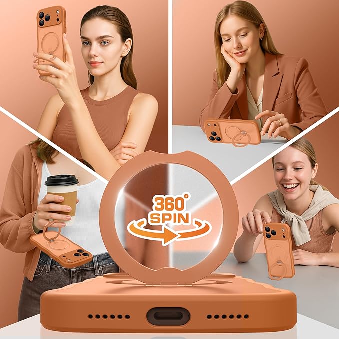 for iPhone 17 Pro Max Case for Women,[Compatible with Magsafe][360° Spin Magnetic Stand][Cute Wave Edge][Military-Grade Protection]Translucent Matte Phone Case for iPhone 17 Pro Max,Cosmic Orange