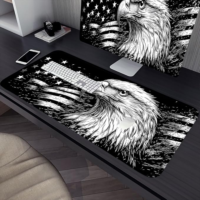 Vintage Eagle American Flag Extended Gaming Mouse Pad Mat with Stitched Edge Non-Slip Base Big Mouse Pad 31.5"x11.8" Office Computer Keyboard Laptop Home