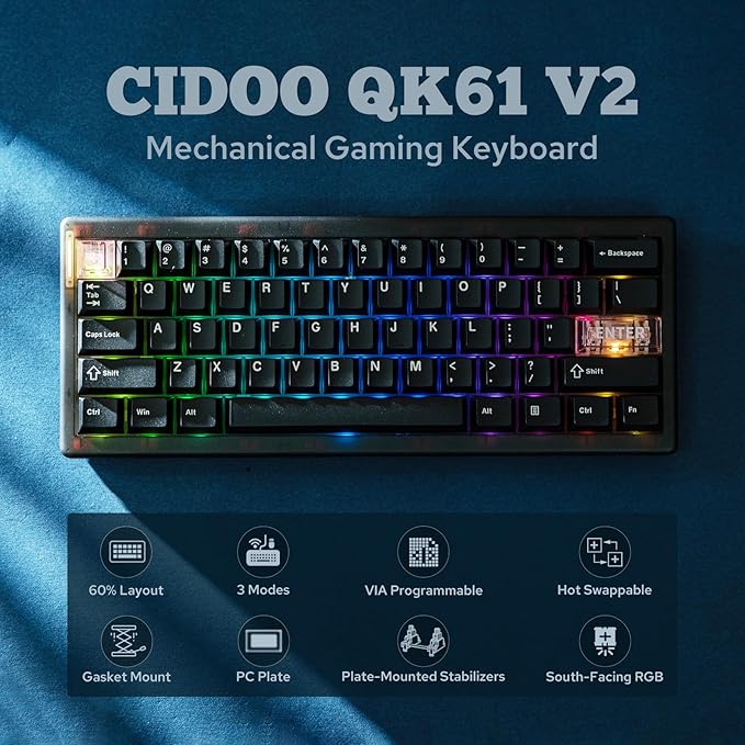 MechLands CIDOO QK61 V2 VIA Programmable 60% Compact Keyboard, USB-C/BT5.0/2.4Ghz Wireless, Hot Swappable Custom Mechanical Keyboard with Gasket Mounted, PC Plate, 3000mAh Battery for Win/Mac (Black)