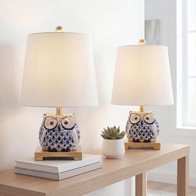 JONATHAN Y 16" Blue/White Ceramic Owl Mini Table Lamp for Bedroom or Office, Modern Farmhouse Nightstand Lamp with White Linen Shade, LED Bulb Included (JYL3014A-SET2)
