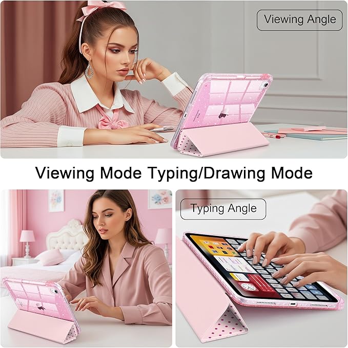 DONGKE for iPad Pro 11 inch Case – Fits M5 2025 / M4 2024, Shockproof Sparkling Glitter Acrylic Back, Pencil Holder, Trifold Stand, Auto Sleep/Wake & Touch ID Support - Pink Polka Dot