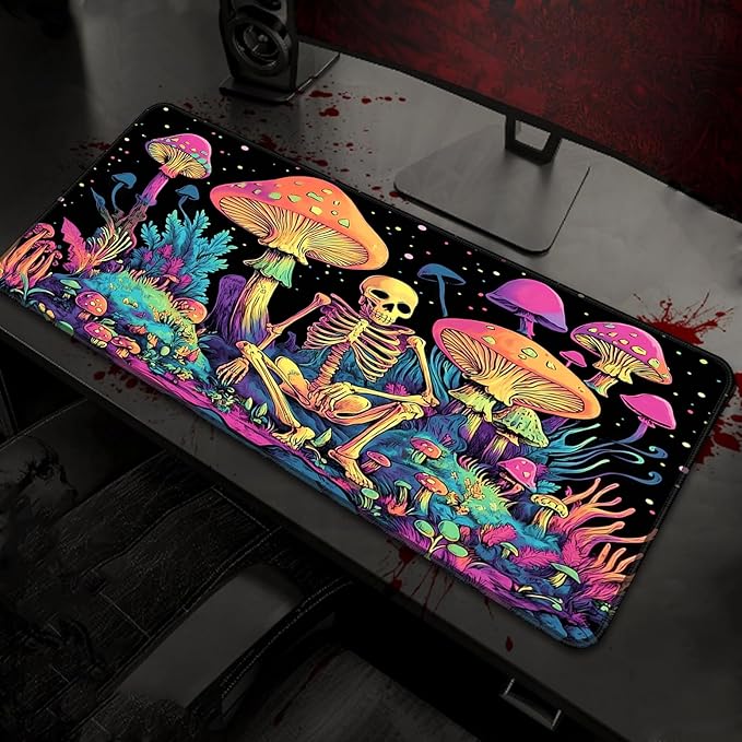 Simpkeely Large Gaming Mouse Pad XL - Blacklight Skull Mushroom Desk Mat, 31.5 x 11.8 Inch Extended Waterproof Keyboard Mousepad with Non-Slip Rubber Base for Gamers & Office Work