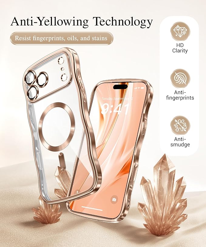 GVIEWIN for iPhone 17 Pro Case Compatible with MagSafe, Upgraded [Full Camera Protection][Cute Wave Frame][Military Grade Protection] Electroplated Hard Phone Cover for Women Girl, Clear/Rose Gold