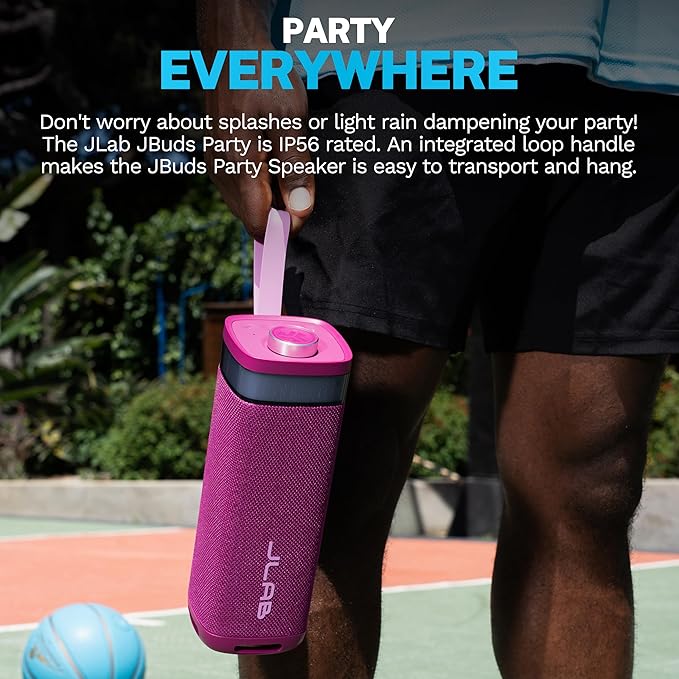 JLab JBuds Party Portable Bluetooth Speaker, 2 Full-Range Drivers + 2 Passive Woofers, IP56 Waterproof, 12 Hours Playtime, Connect Multiple Speakers, Custom Sound + RGB Lighting via App, Mulberry