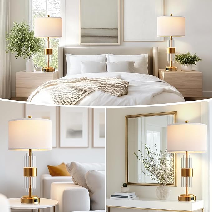 QiMH 25.5" Table Lamp Set of 2 with USB A+C Ports, Gold Lamp for Living Room with Touch Control, Modern Bedside Nightstand Lamp White Lamp Shade Bedroom Home Office Decor (2700K LED Bulbs Included)