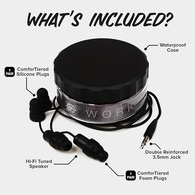 Plugfones Guardian Earplug Headphones - OSHA Compliant Noise-Reducing in-Ear Headphones with Hearing Protection - Wired Hybrid Design for Work and Travel - Includes Silicone & Foam Earplugs - Black