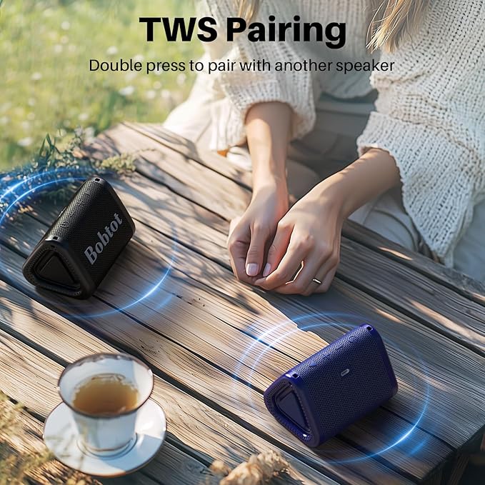 Bobtot Portable Bluetooth Speaker, IPX7 Mini Speaker, Loud and Stereo Sound with Bass, 15H Playing Time, TWS Pairing for Travel, Party, Camping