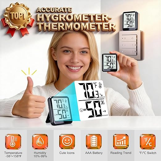 2-Pack Room Thermometer Indoor Hygrometer for Home, Temperature Humidity Meter, Humidity Gauge, Digital Room Temperature Monitor Sensor for Baby Nursery Car Plant - AAA Battery Included