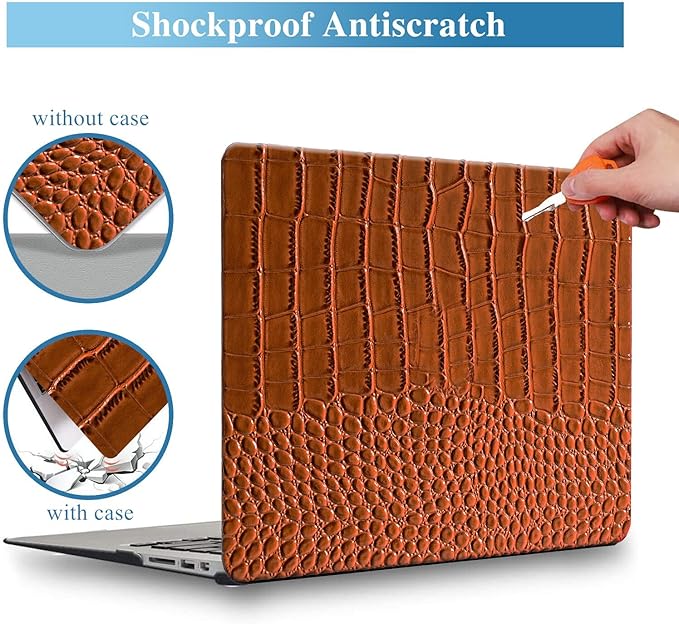 Compatible with Crocodile MacBook Air 13 inch Case 2021 2020 2019 2018 M1 A2337 A2179 A1932, Textured Elegant Luxury Aligator Skin Snakeskin PU Leather Hard Shell & Keyboard Cover, Brown