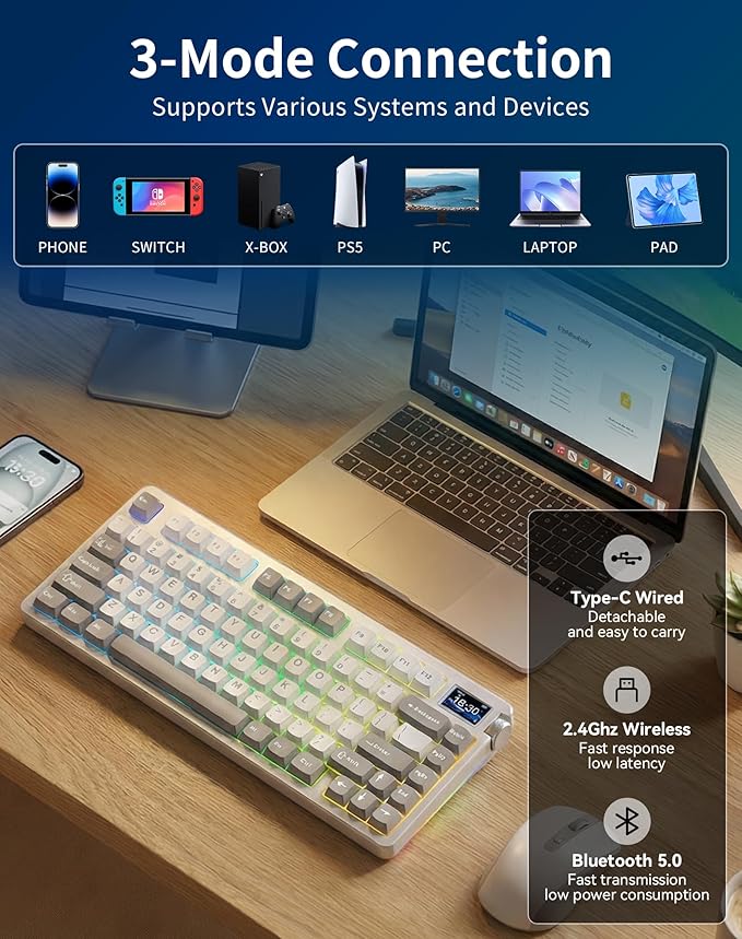 Aula NOVA75 Wireless Mechanical Keyboard,75% Gasket Mount Tri-Mode Custom Keyboard with 1.14" Smart TFT Screen & Knob,Carbon Fiber Style,8000mAh, Hot Swap Seiya Switch,White