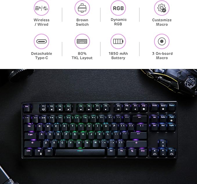 RK ROYAL KLUDGE RK87 Sink87G RGB 80% Mechanical Keyboard, Wireless 2.4G Tenkeyless Mechanical Keyboard with Programmable Software, 87 Keys, Tactile Brown Switches