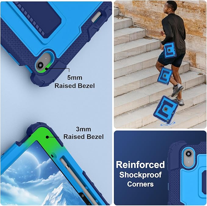 Kids Friendly Case for iPad Air 13 Inch M4 M3 M2 2026/2025/2024 Case with Pencil Holder & Shoulder Strap, Military Grade Shockproof Kickstand Hard Shell Protective Cover,Blue