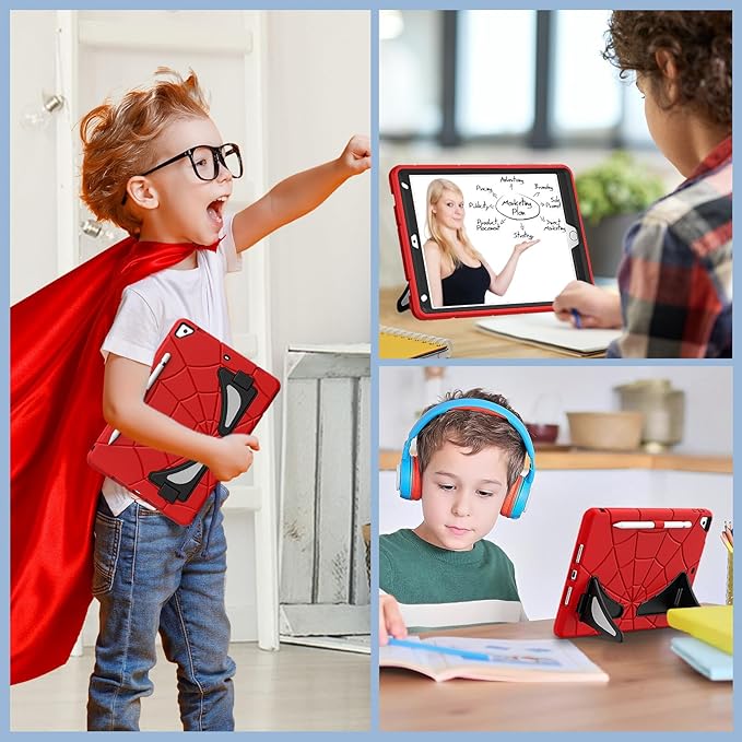 AKABEILA Compatible with Apple iPad 10.2 7th 8th 9th(2019/2020/2021) Tablet Case，Lightweight Shockproof Rugged Protective Cover with Kickstand for Kids Children Boys Babies Red Black