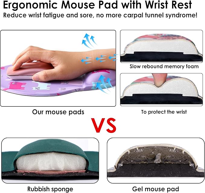 Ergonomic Mouse Pad with Wrist Support,Cute Mouse Pads with Wrist Rest,Comfortable Mouse Pad for Home Office Gaming Working Computers Laptop,Pain Relief with Non-Slip PU Base (Cute Cat)