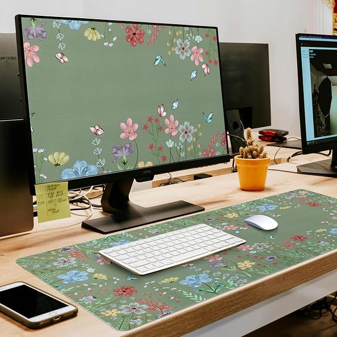 L-SPOUTTO Green Desk Mat for Keyboard and Mouse,XXL Large Mouse Pad Non-Slip Keyboard Pad Waterproof Desktop Mat for Laptop Computer Work Game Home Office-Green Floral