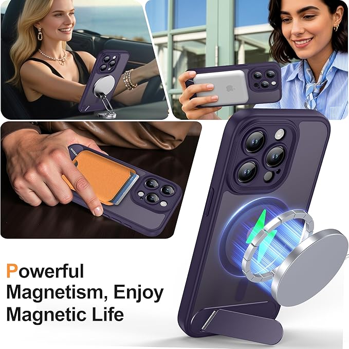 Magnetic for iPhone 15 Pro Case, [Built-in Kickstand][Full Camera Protection][Compatible with MagSafe][Anti-Fingerprint] Shockproof Phone Case for iPhone 15 Pro 6.1",Purple