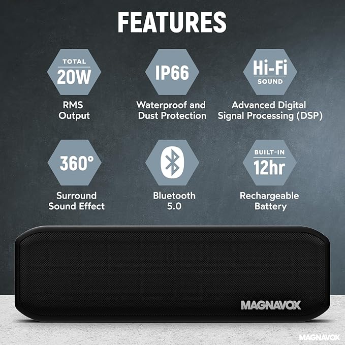 Magnavox MMA3929 Waterproof Portable Bluetooth Speaker with 360° Sound in Black