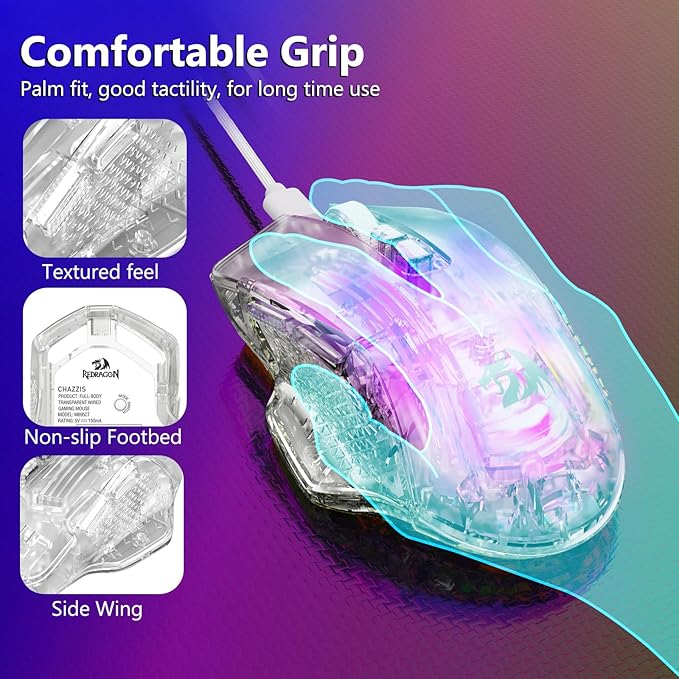Redragon Wired Gaming Mouse, 24,000 DPI, 7 Programmable Button, 2 Side Buttons, 8 RGB LED Backlit Mode, Clear Transparent Shell, Light up Gamer Mice, Soft Cable for PC/Mac/Xbox, White