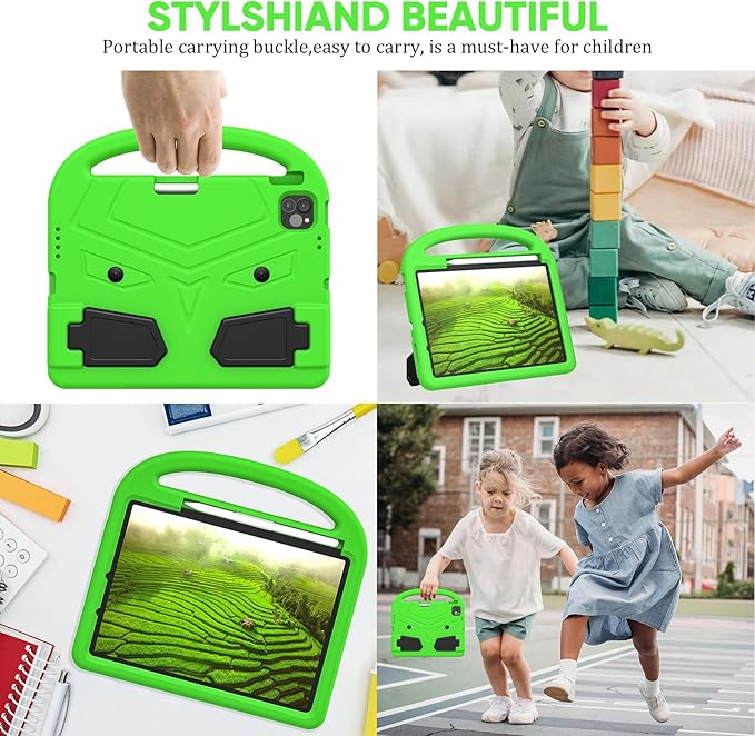 Kids Case for Apple iPad Air 11-inch M3 (2025) / M2 (2024) with Pencil Holder/Handle/Kickstand Lightweight Soft EVA Foam Shockproof Stand Tablet Cover for iPad Air 11" M3/M2, Green Bird