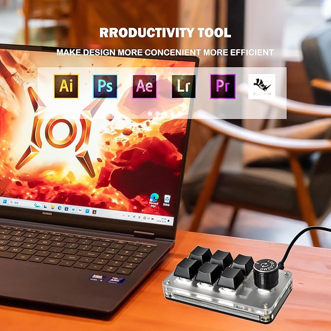 LUKCOZMO Macro Pad Macropad Programmable Keypad Customized 6-Key Mini Mechanical Gaming Keyboard One Handed Keyboard BT RGB OSU Multifunctional Macropad Knob Wireless Receiver&Type C 1m Cable