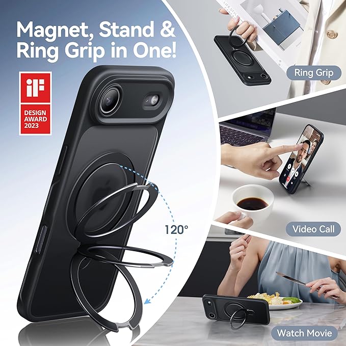 CASEKOO Ultra-Magnetic Stand for iPhone Air Case [Military Drop Protection] [Compatible with MagSafe] Shockproof Translucent Matte Slim Ring Holder Case for iPhone 17 Air Phone Cover 6.5", Black