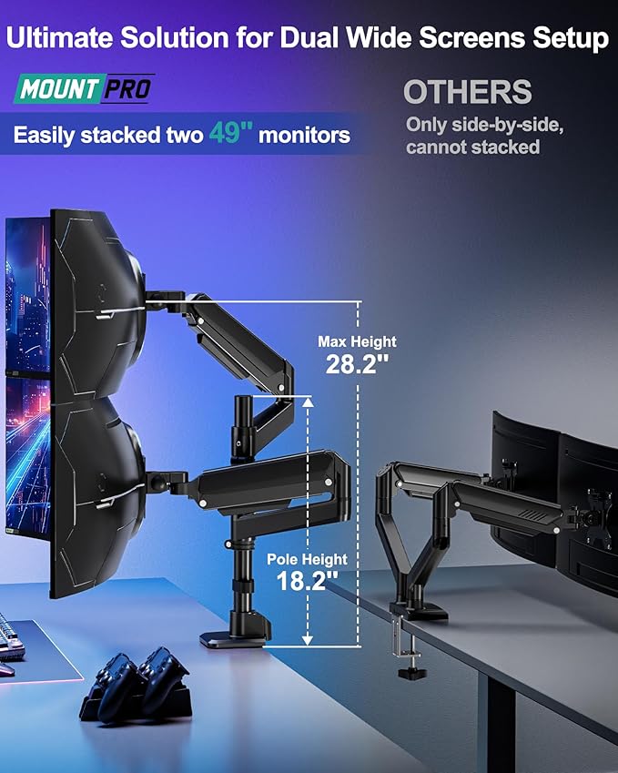 MOUNT PRO Dual Monitor Arm for Max 49" Ultrawide Screens up to 44 lbs, Heavy Duty Extra Tall Monitor Desk Mount, Vertical Stacked Adjustable Dual Monitor Mount, VESA Mount 75x75mm/100x100mm