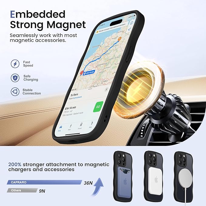 CAPRARO for iPhone 13 Pro Max Case with 360° Spin Magnetic Stand for Women, [Compatible with MagSafe] [Full Camera Protection] Cute Wave Translucent Matte Case for iPhone 13 Pro Max, Black