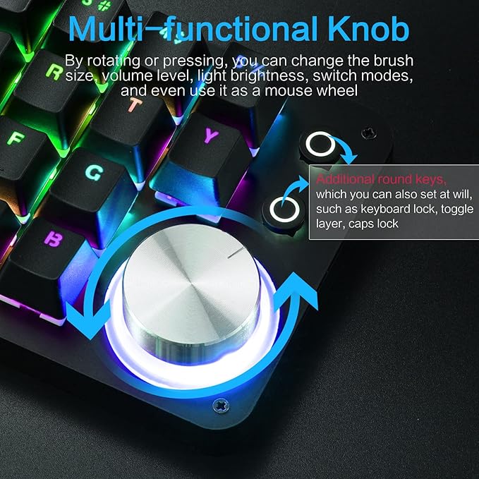 Koolertron 24 Keys Programmable Keyboard，One Handed Macro Mechanical Keyboard, RGB LED Backlight Red Switch USB Portable Keyboard with Fully Knobs, 24 Keys Macro Pad for Gaming