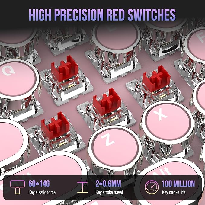 Typewriter Mechanical Gaming Keyboard with RGB Backlit Red Switches, 104 Keys Retro Round Keycap, Wired Typewriter Style Comfortable Typing Soud (Pink)