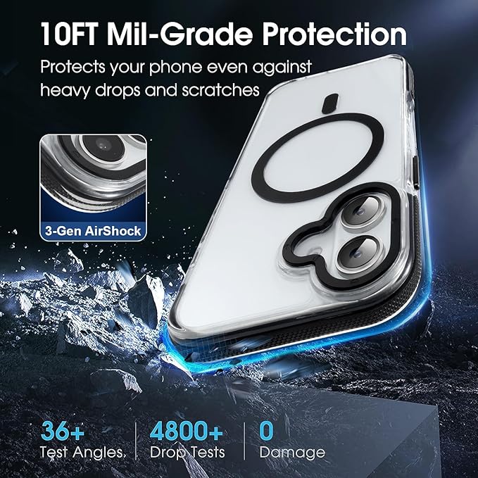 Strong Magnetic for iPhone 16 Plus case [10Ft Military-Grade Protection] Compatible with fit MagSafe Shockproof Slim Thin Cover 6.7 inch 16 Plus Phone case, Clear Black