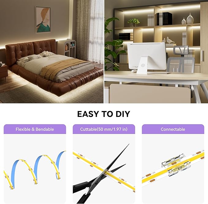 MIWISE COB LED Strip,4000K Natural White 20ft/6.1m,Dimmable Super Bright 24V LED Strip Light,CRI 90+ Flexible Tape Light with RF Remote Timer Function,for Home/Cabinet/Bedroom/TV DIY Lighting Project
