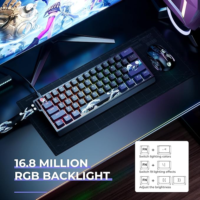 HITIME x XVX 60% Percent Keyboard with Strap, H61 Wired Aluminum Gaming Keyboard, Hot Swappable, Kanagawa Anime PBT Keycaps, RGB Backlit, Cherry Profile, Sound Absorbing Pads, Creamy Linear Switch