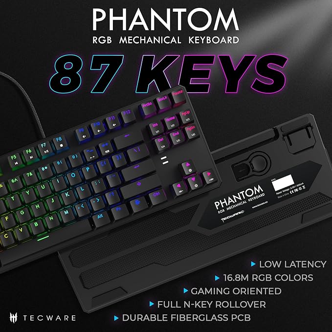 TECWARE Phantom 87 Key RGB Mechanical Gaming Keyboard | Outemu Blue Switch | 16.8M Color LED Lighting | 18 Pre-Set | Low Latency | N-Key Rollover | Software Customizable Keys | Wired USB Connection