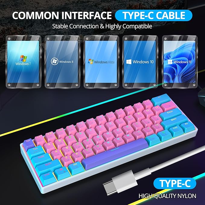 Protable 60% Percent Gaming Keyboard Mechanical, Mini Compact RGB Backlit 61 Keys Wired Office Keyboard with red Switch for Mac/Win (Zhi/red Switch)