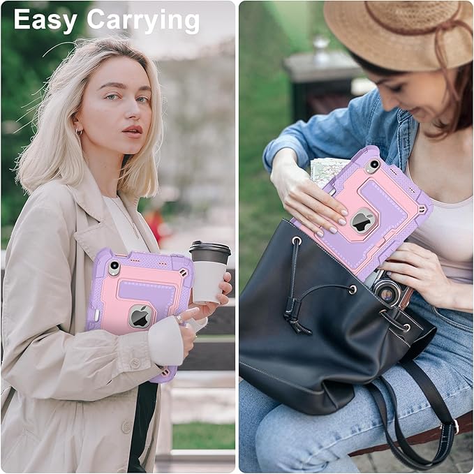 Kids Friendly Case for Apple iPad mini 7 A17 Pro 2024/iPad Mini 6 2021 8.3 Inch 7th/6th Gen Case with Pencil Holder & Shoulder Strap, Shockproof Kickstand Hard Shell Protective Cover,Pink+Purple