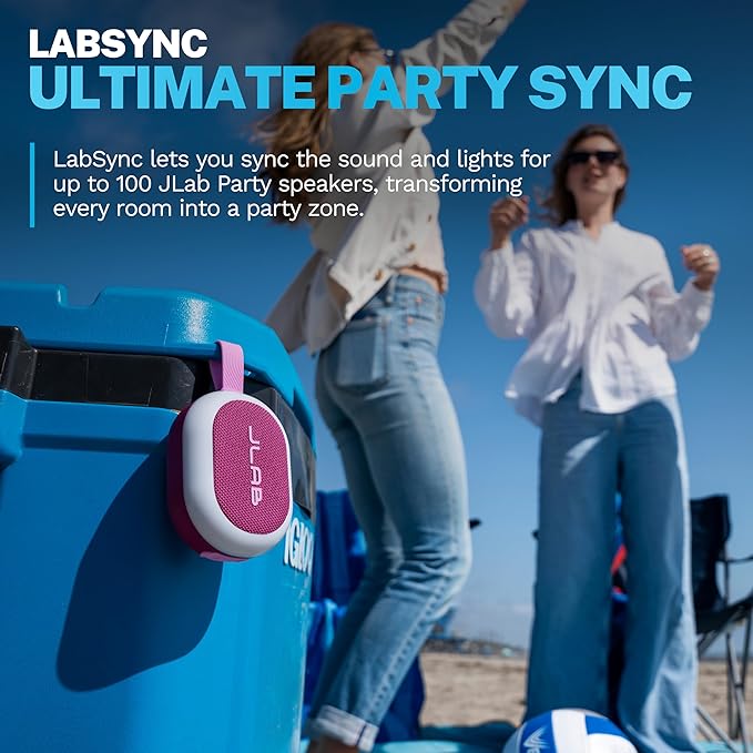 JLab Pop Party Portable Bluetooth Speaker, Mulberry, 8+ Hours of Playtime, IP55 Waterproofing, Detachable Loop Handle, Customizable RGB LED Lighting, Lab Sync Up to 100 Speakers, Custom Sound in-App