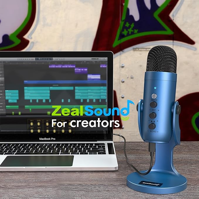 ZealSound Podcast Microphone for PC, Noise Cancellation USB Mic with Gain, Volume Adjustment & Mute Button, Monitoring & Echo, for YouTube, TikTok, Podcasting, Streaming, iPhone, iPad, Android(Blue)