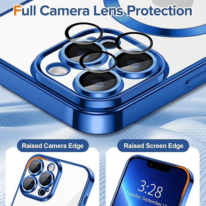 Hython Magnetic Clear for iPhone 13 Pro Max Case with Camera Lens Protector [Compatible with MagSafe] Plating Edge Slim Soft TPU Cover Protective Phone Case for iPhone 13 Pro Max 6.7", Deep Blue