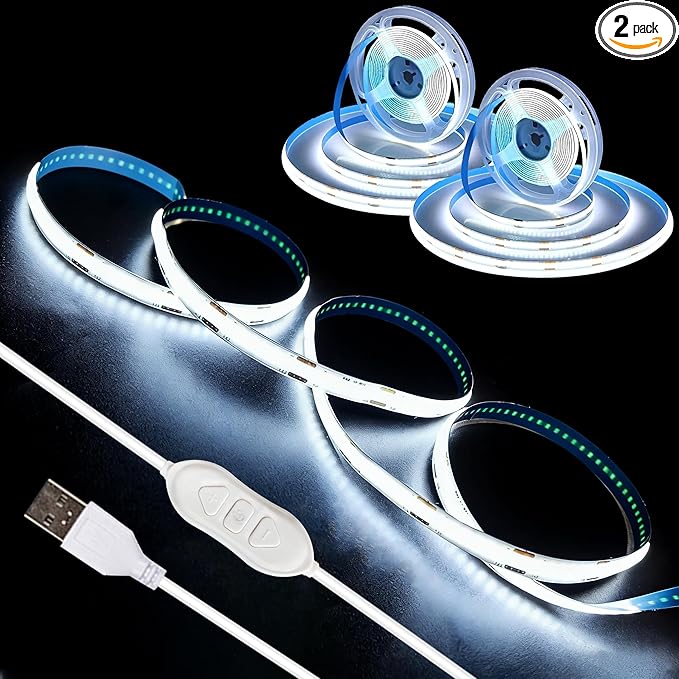 5V USB LED Strip Lights, 3.28FTx2 COB Light Strip White, Short LED Strip Light, Flexible Bright 3Key 5V Led Strip for Under Cabinet, Kitchen, TV Backlight, Shelves, Displays and TV Lights