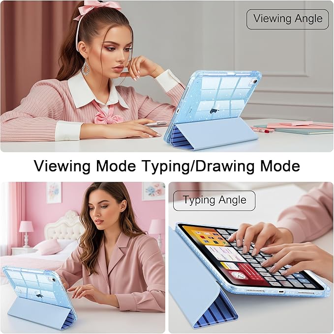 DONGKE for iPad Pro 11 inch Case – Fits M5 2025 / M4 2024, Shockproof Sparkling Glitter Acrylic Back, Pencil Holder, Trifold Stand, Auto Sleep/Wake & Touch ID Support - Dark Blue Stripes