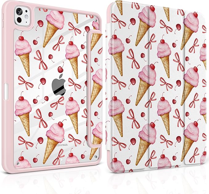 TWOLSKOO Case for iPad Pro 11-inch (M5 2025 / M4 2024), Clear Acrylic Back with TPU Bumper, Pencil Holder, Trifold Stand, Auto Sleep/Wake, Ice Cream & Bows