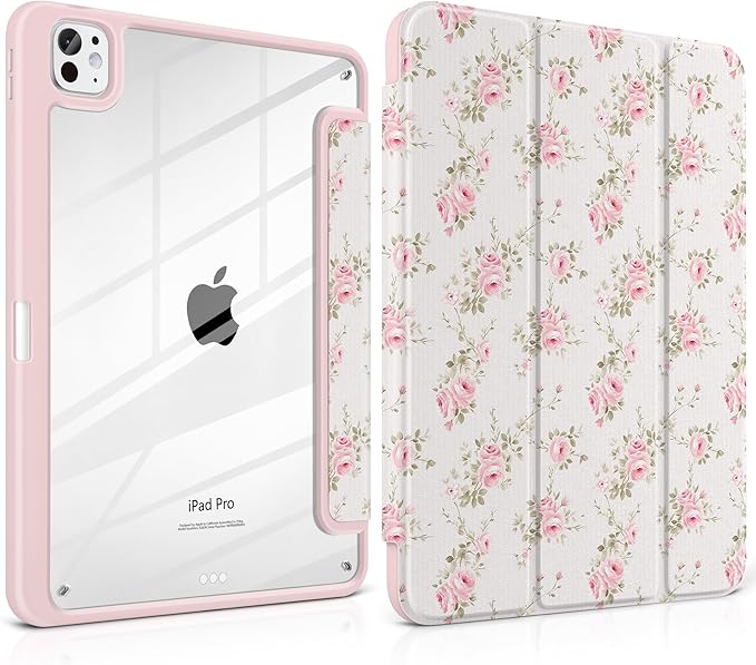 Case for iPad Pro 13 Inch (M5 2025 M4 2024) – [Built-in Pencil Holder], Shockproof & Stylish, Clear Hard Back + Soft TPU Edge, Magnetic Trifold Stand, Auto Wake/Sleep, Little Rose